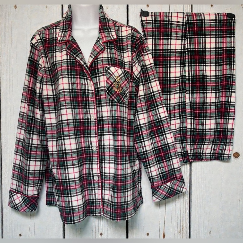 Lauren Ralph Lauren Fleece Pajamas Set Large 2 Pc Monogram Logo Plaid Cabincore